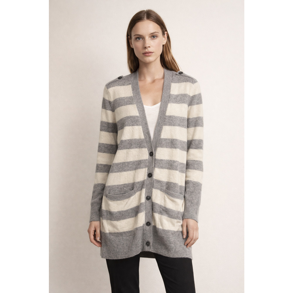 Vince 100% Cashmere Gray Cream Striped Size Large Button Longsleeve Preppy Luxe
